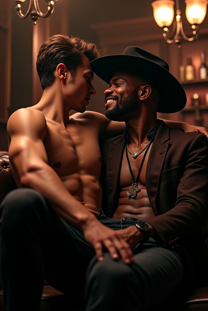 Young handsome cute beautiful skinny white face without shirt cowboy sitting next to a man dressed as a black handsome millionaire cowboy sitting on his knee in a dark bar 