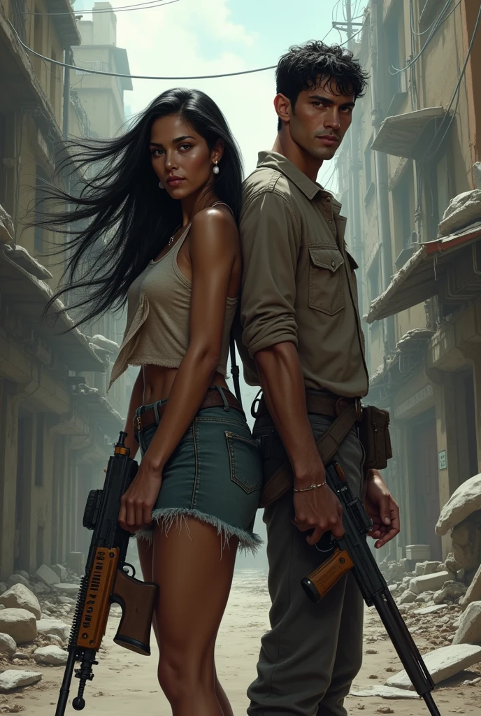 Create a woman with dark skin, long black hair, With indigenous traits in a zombie apocalypse, with a dark-skinned man armed with short black hair