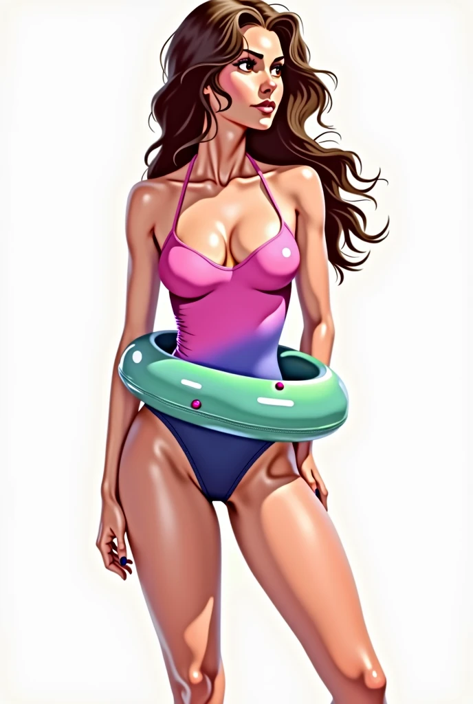 create a woman, de corpo inteiro, standing.
she needs to wear a PINK AND PURPLE GRADIENT swimsuit, bare feet, com olhos castanhos, long wavy brown hair at the ends, a buoy of aqua green color. the buoy needs to be around the WAIST. she needs to be looking at the wind, Poker face. she can't be realistic, It needs to look like an illustration made by a human on a graphics tablet without following human traits.. no need to have a background, The background can be white.
digital drawing. Doesn't leave the swimsuit showing so much on the body, leaves something composed
