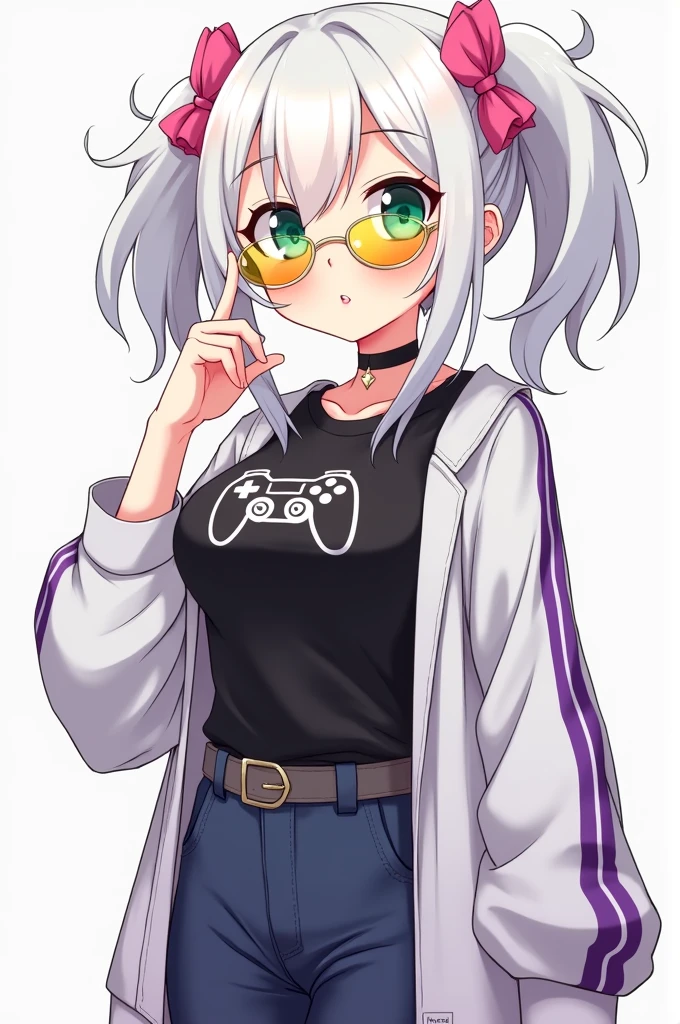 Draw an anime girl with very unruly white hair, held up and with a couple of cute little pigtails held up with some pink bows.
Your eyes should be mint green.
With yellow glass lenses and wearing a black shirt with a minimalist print of a white video game controller, like a silhouette.
And a white long-sleeved shirt with purple stripes.
besides, make her voluptuous.