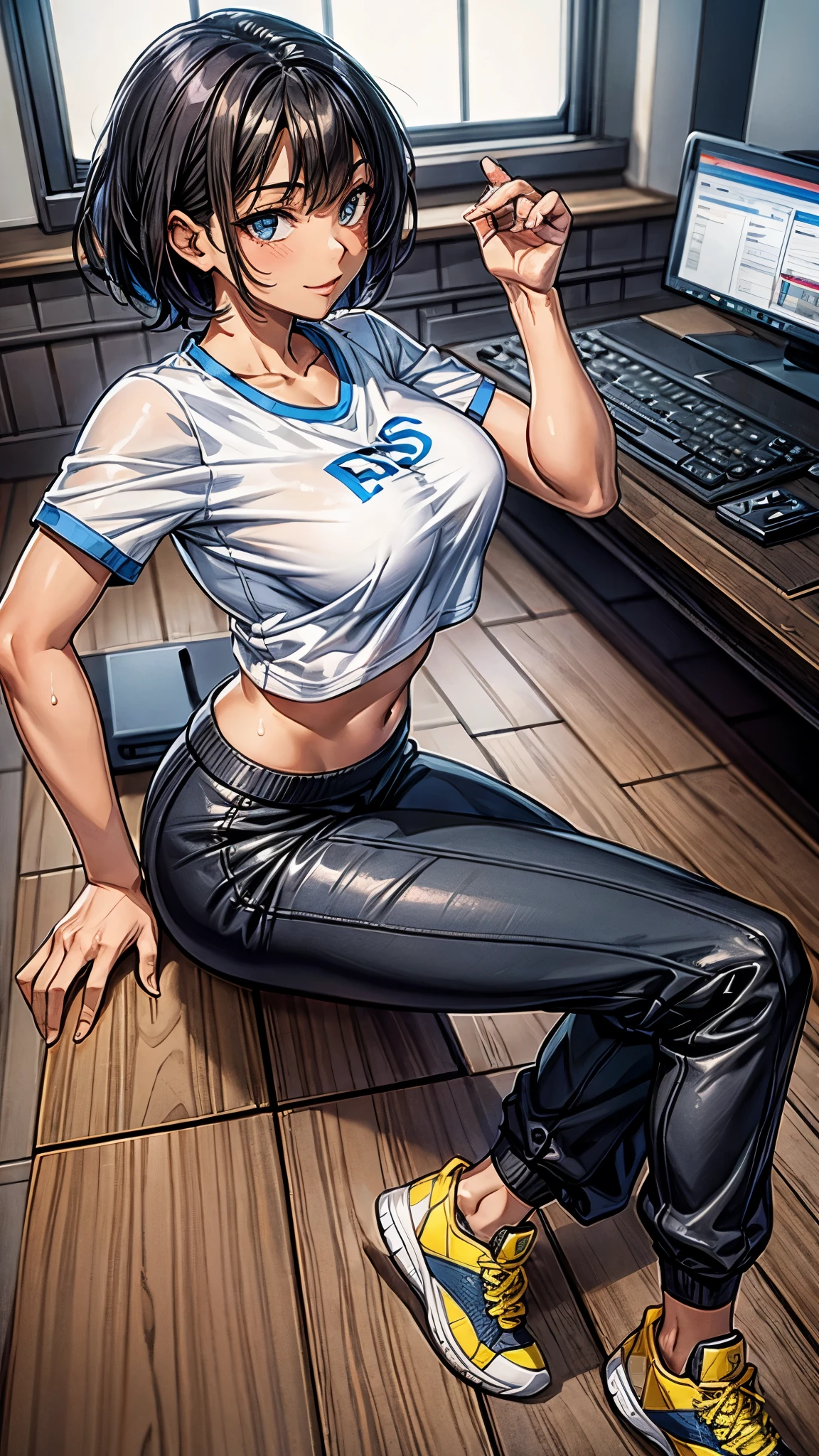 (From above2.0,from side),(full body),,Inside the sports gym,inside the dance studio,((sitting,extend her left leg)),One  girl,sweat,(dark skin color),(dark skin color),(short black hair),seductive smile,(cropped tops),(cargo pants),(sneaker).