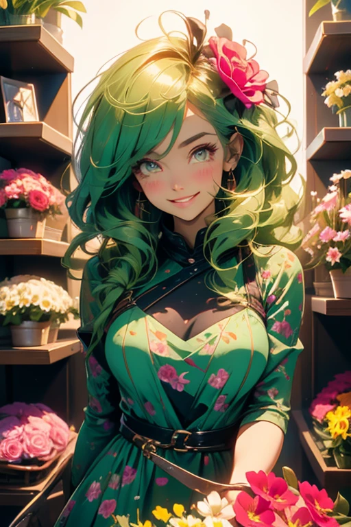 Perfect face. Perfect hands. A green haired woman with pink eyes with an hourglass figure in a floral dress is smiling while selecting flowers in a floral shop