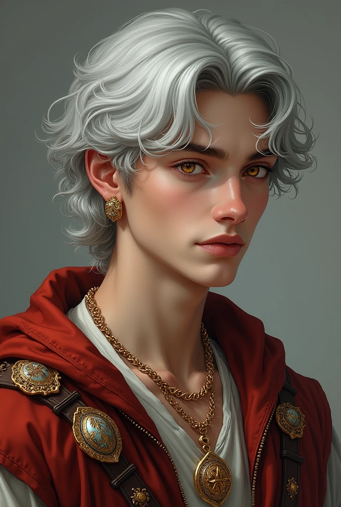 A boy in medieval noble clothes , silver hair , gold eyes , jewelry , by the wide , between 30 and 40 years of age