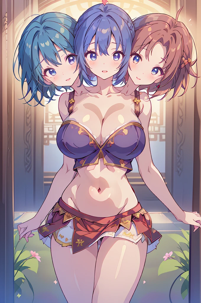 (masterpiece, best quality), best quality, (ultra-detailed), ((3heads:1.5)), 1girl, (yoshika miyako:1.3), masterpiece, best quality, ultra quality, ultra resolution, ultra detail, red top, crop top, ((stomach)), midriff, ((groin)), red skirt, chinese-styled, normal ears, shackles, dark blue hair, (same hair color), bob cut, wavy hair, sidelocks, dark blue eyes, parted lips, smiling, cute smile, drunk smile, soft smile, jiangshi girl, cute, toned belly, hand on own chest, eyelashes, (24 year old woman:1.3), (masterpiece:1.5), (best quality:1.5), (beautiful detailed), extremely detailed CG, extremely delicate and beautiful, depth of field, (finely detailed face), (perfect details:1.2), (mature female:1.3), wide pelvis, slender, large veiny breast, 16k resolution, highres, very high quality, very high definition, extremely detailed, masterpiece, dark blue hair, long hair, alluring presence, braid, short skirt, close up, very big tits, huge breasts, young, ofuda, girl with three heads, three headed girl,