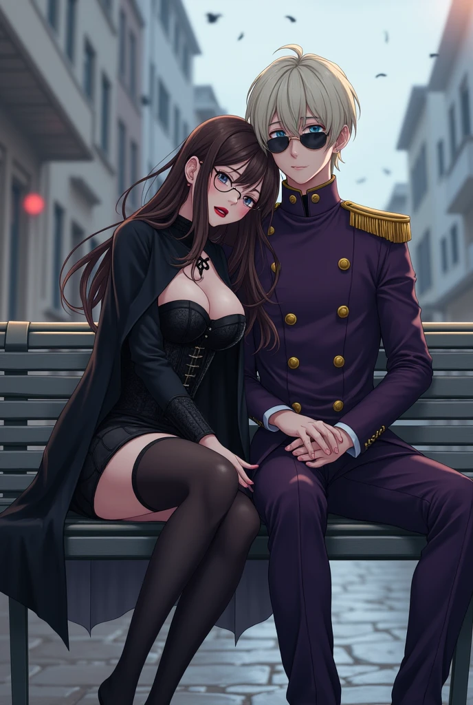 Woman, pretty, white, long brown hair with bangs, com olhos castanhos, red lipgloss stick, round eyeglasses, wearing a black cape, espartilho preto, Black Skirt, black tights and black boots, is sitting sadly looking down and leaning her head on an adult man, mellow, sitting next to you, bonitas, offwhite, cabelo offwhite liso e curto com franja, light blue eyes, small round sunglasses, purple black uniform with gold buttons, on a bench in a square on a cloudy day, anime styling