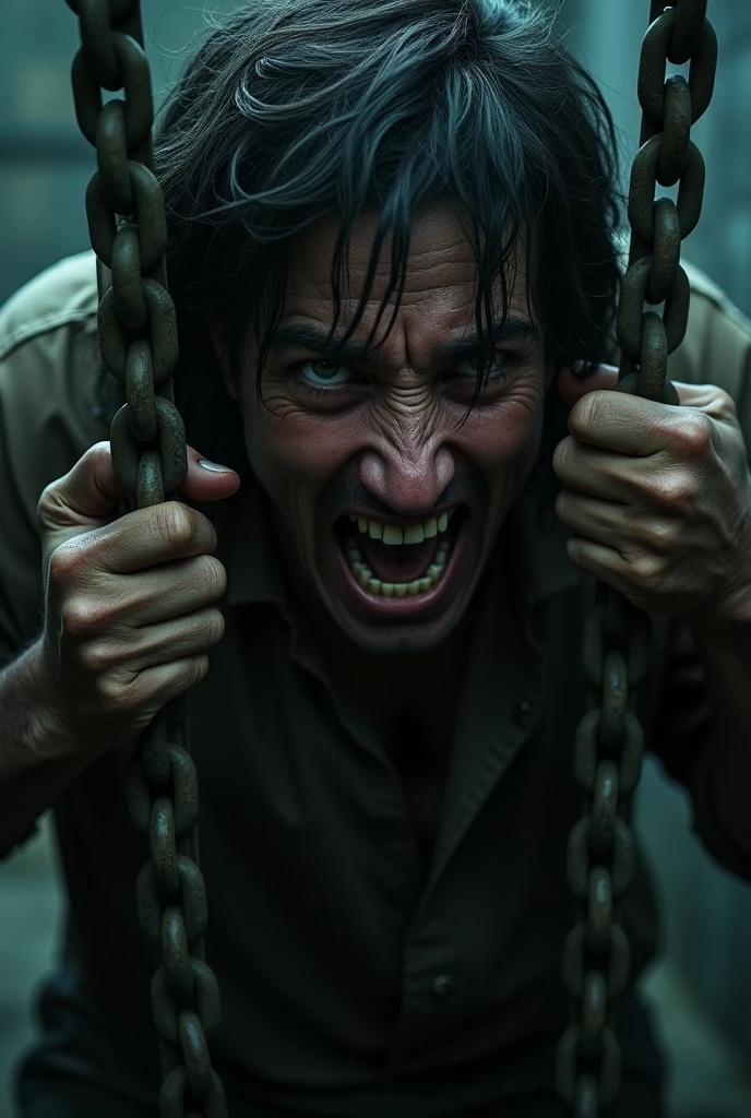 a distressed prisoner in chains, detailed face, intense expression, ragged clothing, dark prison cell, dramatic lighting, gritty realistic style, cinematic composition, high contrast, muted color palette, strong shadows, depth of field, photorealistic, 8k, best quality, masterpiece