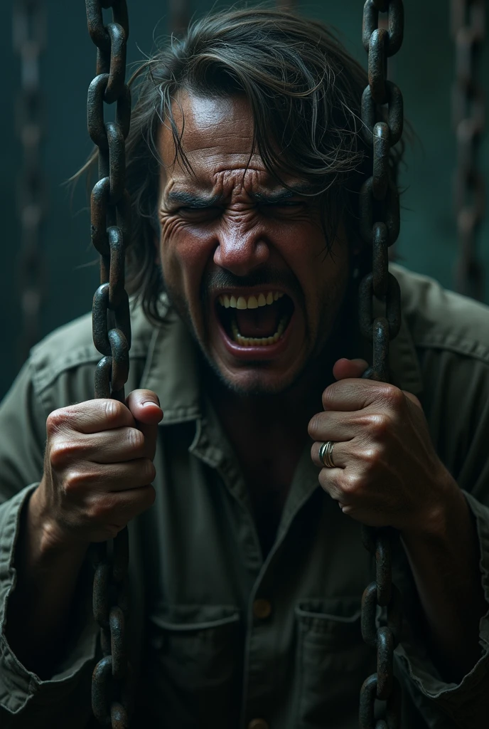 a distressed prisoner in chains, detailed face, intense expression, ragged clothing, dark prison cell, dramatic lighting, gritty realistic style, cinematic composition, high contrast, muted color palette, strong shadows, depth of field, photorealistic, 8k, best quality, masterpiece