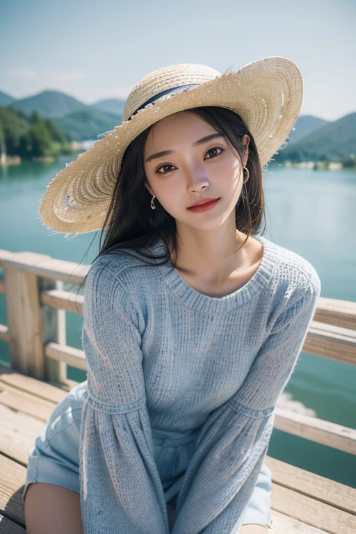 (22 year old Japanese beautiful girl,), (Small breasts:1.5,),(solo,Textured skin, Detailed skin,Detailed face,Detailed eyes,detailed posing,Natural eyebrows,High detail, Highest quality, Super detailed, Surrealism, ,8k,RAW Photos,Photographicism,Professional Lighting,Ray Tracing,Aperture F1.2,Portrait Photography,Natural Light),(((Black Hair, Natural Makeup,Simple earrings,Medium Hair, happiness/joy,Bell sleeve sweater,White straw hat))),(((Highland lakes,Clear blue lake water,Observation deck overlooking the lake)))