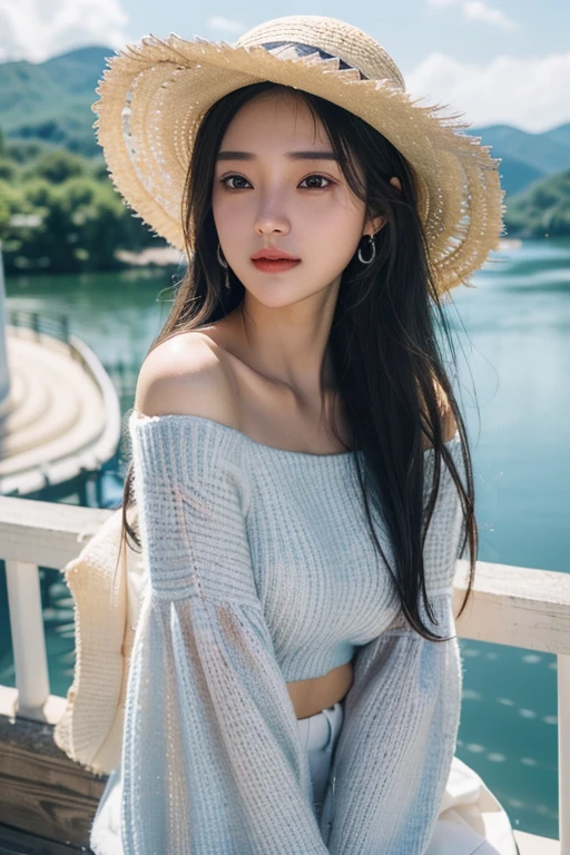 (22 year old Japanese beautiful girl,), (Small breasts:1.5,),(solo,Textured skin, Detailed skin,Detailed face,Detailed eyes,detailed posing,Natural eyebrows,High detail, Highest quality, Super detailed, Surrealism, ,8k,RAW Photos,Photographicism,Professional Lighting,Ray Tracing,Aperture F1.2,Portrait Photography,Natural Light),(((Black Hair, Natural Makeup,Simple earrings,Medium Hair, happiness/joy,Bell sleeve sweater,White straw hat))),(((Highland lakes,Clear blue lake water,Observation deck overlooking the lake)))