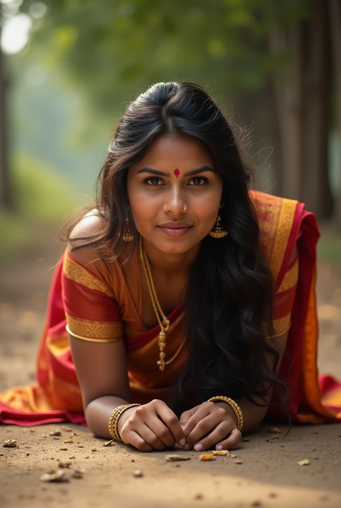 An Indian lady in saree is bending over and sex posing for a photo on the ground Her eyes are towards us and her boobs are big A little bit is visible on the side