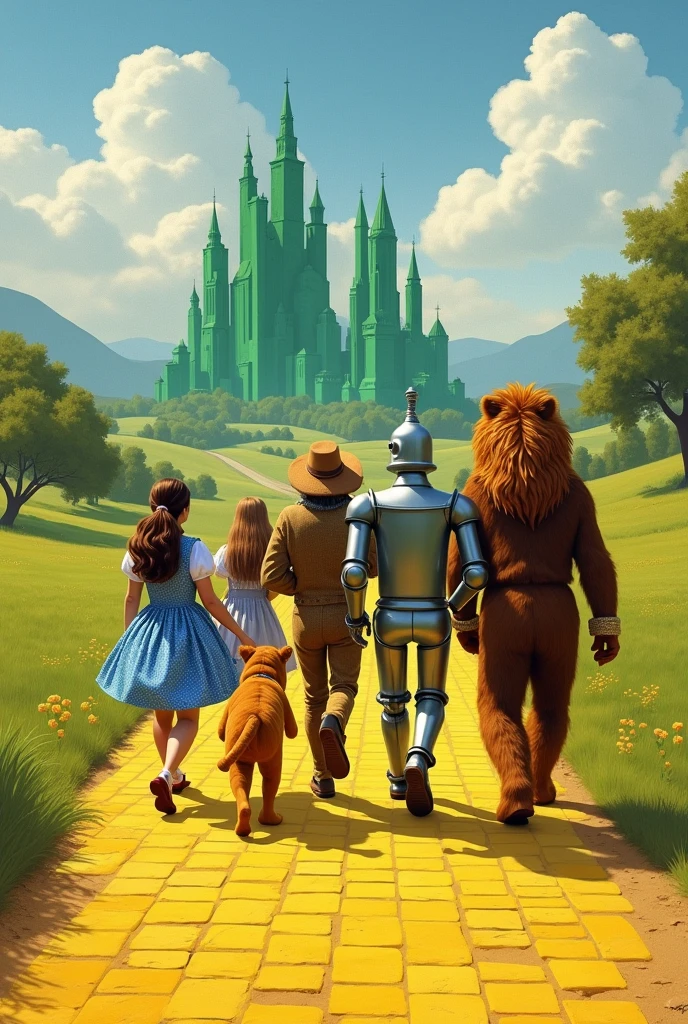 Dorothy Gale, Toto, the Scarecrow, the Tin Woodman, and the Cowardly Lion on the yellow brick road, walking toward the Emerald City (with their backs facing the screen).