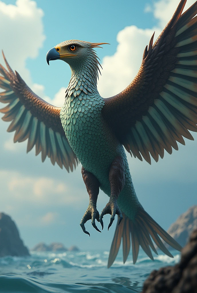 A majestic hybrid creature that combines the features of a fish and an eagle. The body has the sleek, scaled texture of a fish with fins extending out like wings, but the head is that of an eagle, with sharp eyes and a powerful beak. The creature's body is streamlined for both flying and swimming, with a tail fin resembling an eagle's tail feathers. The color palette includes iridescent blues and greens from the fish and browns and whites from the eagle. The background is a dynamic blend of sky and water to emphasize the creature's dual nature