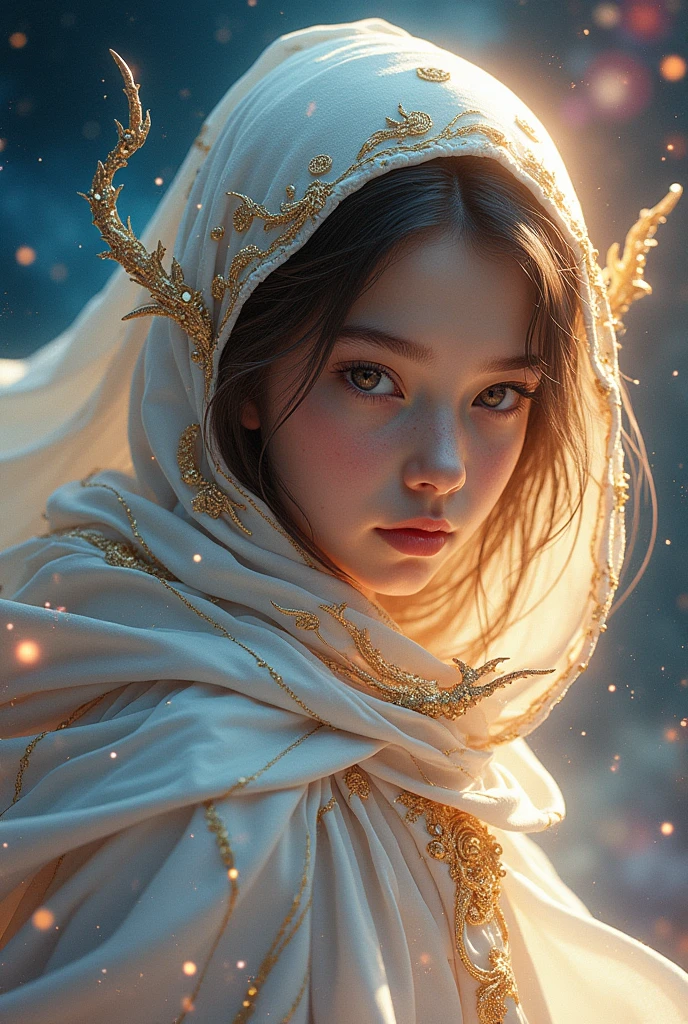 (work of art, Maximum quality, best qualityer, offcial art, beautiful and aesthetic:1.2), (1 girl), extremely detailed  eyes, (Fractal Art:1.3), colorfully, More Detailed, (face perfect), shining skin, HDR, (white cloak golden lines:1.2), Galaxy, (light stripes), stunning visuals, (dynamic stripes, luminous trails:1.2), swirly vibrant colors, (Phoenix), (Dragon)