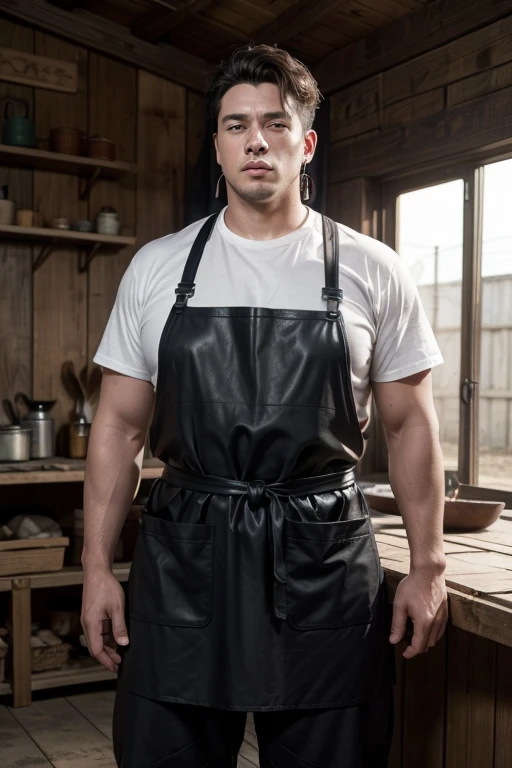 One person, Mr.々Hair style,, big ,Large Breasts,Plump,Sunburn,good,Firm, round, huge breasts,
A thick leather apron dyed black and worn to protect against dirt and scratches.,Under the apron you can see a simple white shirt, but the sleeves are rolled up due to the heat from working.,Work pants are made of durable canvas and are designed to protect against heat and metal fragments.,The knees are reinforced to withstand long hours of work.,A belt with a large iron buckle and sturdy work boots,He wears simple iron earrings in his ears, an item that symbolizes his pride as a blacksmith.,A pose just before placing both hands on the smith's table and smashing the iron,They have a concentrated look on their face and are fully focused on the task at hand.,In the background, newly completed swords and armor are neatly arranged.,