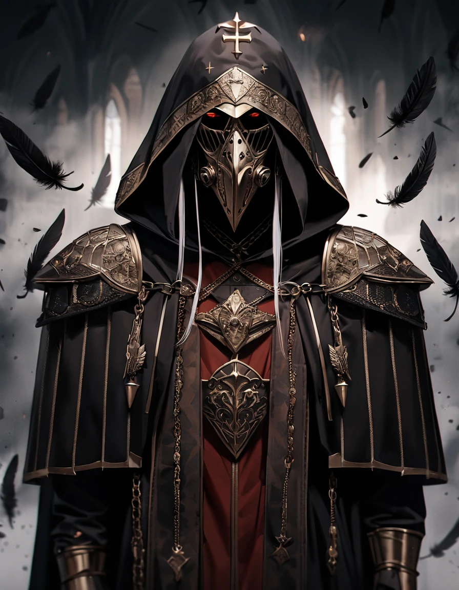 ((Gold crosses)), ((Full body)), ((Iron feathers end of and cape)), ((Red cardinals inspired armor)), ((Iron byzantine lamell armor with raven feathers)), ((Bishop inspired hood)), ((Roman catholic church inspired armor)), ((Red intricate details on armor)), ((Iron reflective beak gas mask)), ((Intricate details on iron mask)), ((WW2 gas mask with raven beak)), ((Cardinals inspired armor)), (First crusade), (Chain mail), (gold trim hood), (Full face mask), (Trench coat), gothic, white hair, red eyes , photorealistic, hyperrealistic, 8k, high quality, cinematic, dramatic lighting, dark fantasy, moody atmosphere, intricate details, gothic, ominous, mysterious, grim, menacing, foreboding, eerie, unsettling, somber, haunting, chiaroscuro, dramatic shadows, dramatic highlights, white metallic beak, white plague doctor