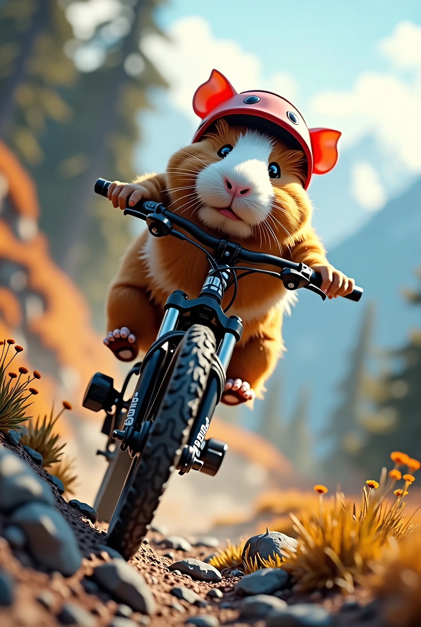 Design a guinea pig riding a dual-suspension mountain bike and crouching with a helmet, the helmet that is shaped like a pig's head, and that is going down a slope, close-up view