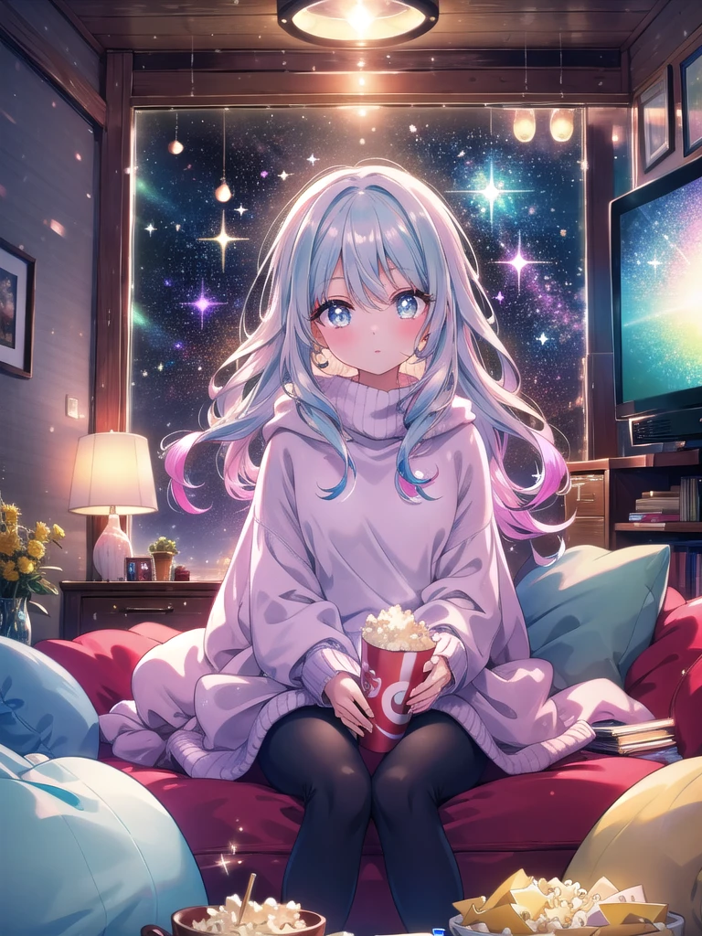 ((8k, Highest quality, masterpiece: 1.3)),Ultra-high resolution,(1 girl, alone), (Color changing eyes, Ultra-detailed, Expressive brilliance, Glitter, Glowing Eyes), Highly detailed eyes, Highly detailed face, Random Hair, ((pastel colour))A young girl with curly, shoulder-length hair sits on the couch in the living room, wrapped in a soft blanket. She’s wearing a loose, comfortable sweater and leggings, perfect for a cozy night in. The TV is on, playing her favorite movie, and her face is lit up with the flickering light from the screen. She’s holding a bowl of popcorn in her lap, and her eyes are wide with excitement as she watches the movie. The room is dimly lit, with only the TV casting a warm glow, creating a cozy and relaxed atmosphere. The sound of the movie fills the room, but her focus is entirely on the screen.
