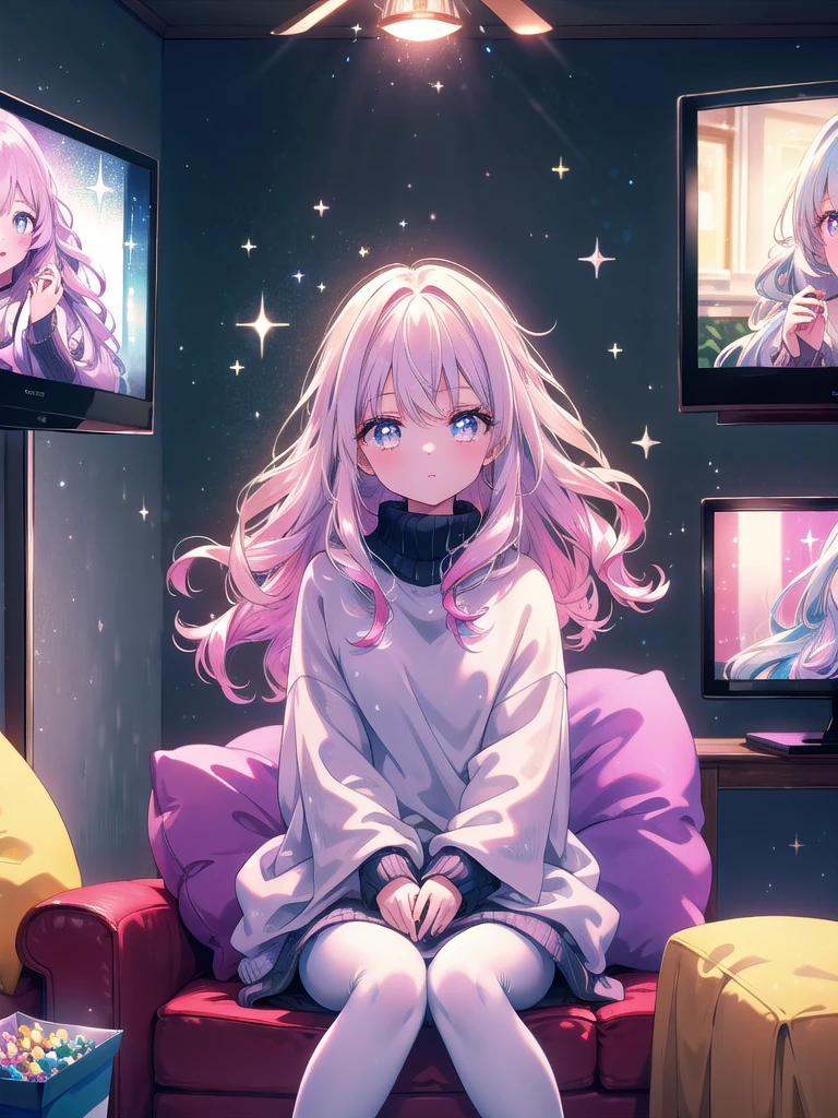 ((8k, Highest quality, masterpiece: 1.3)),Ultra-high resolution,(1 girl, alone), (Color changing eyes, Ultra-detailed, Expressive brilliance, Glitter, Glowing Eyes), Highly detailed eyes, Highly detailed face, Random Hair, ((pastel colour))A young girl with curly, shoulder-length hair sits on the couch in the living room, wrapped in a soft blanket. She’s wearing a loose, comfortable sweater and leggings, perfect for a cozy night in. The TV is on, playing her favorite movie, and her face is lit up with the flickering light from the screen. She’s holding a bowl of popcorn in her lap, and her eyes are wide with excitement as she watches the movie. The room is dimly lit, with only the TV casting a warm glow, creating a cozy and relaxed atmosphere. The sound of the movie fills the room, but her focus is entirely on the screen.