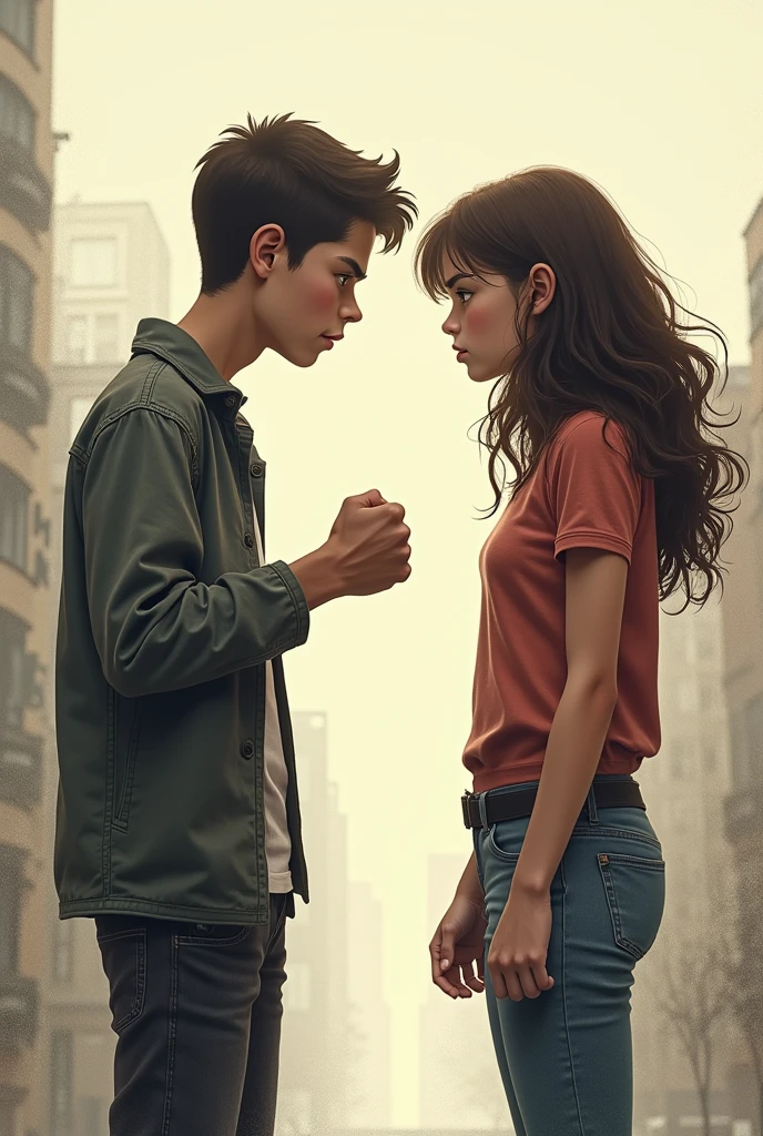 Generates an image of a boy hitting a girl but the girl makes him run away