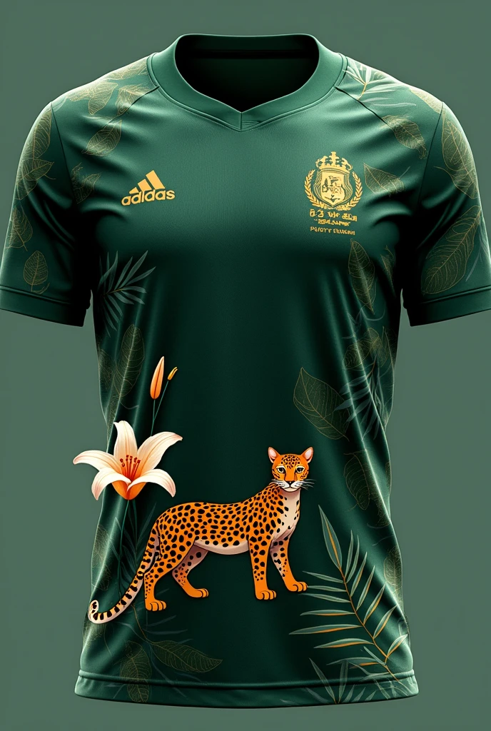 Dark Green Football Shirt Details :
The light green leaves spread across the entire shirt In the center of the front a large ocelot and a Victoria Regia on the bottom left side In the upper right part a number 15 in white In the upper left part a small golden tree