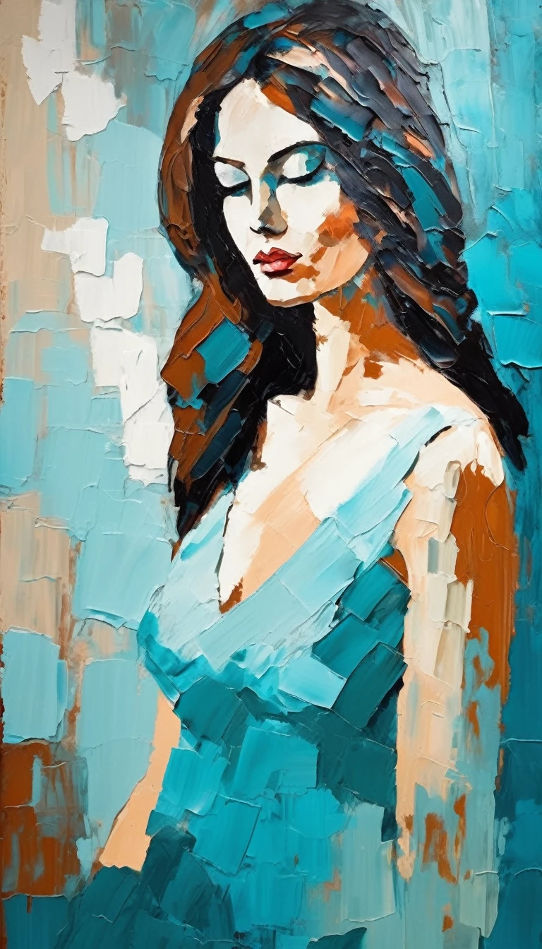 thick paint pallet knife portrait of a sensual woman posing, abstract shadows, painting in the style of Amadeo Modigliani, light blues and cyan and desaturated color scheme