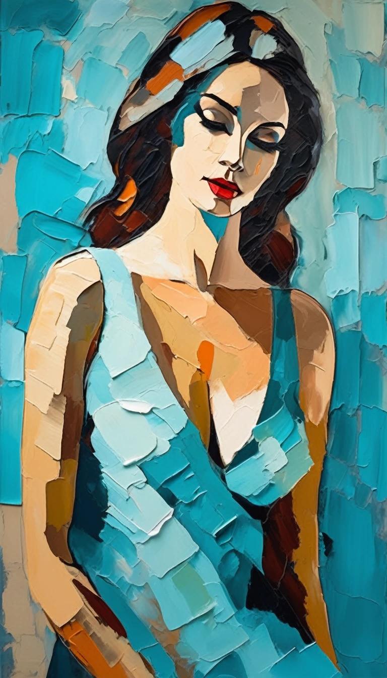 thick paint pallet knife portrait of a sensual woman posing, abstract shadows, painting in the style of Amadeo Modigliani, light blues and cyan and desaturated  color scheme