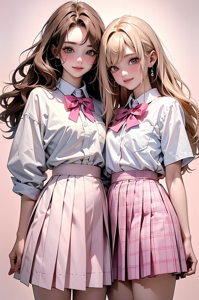 high resolution,smile,happy,light smile,woman,woman2人,adult,
((two girl females)), ((jaw piece)), Clear,cute,
Blonde, wavy hair, long hair ,BREAK,
Pink brown eyes,BREAK, high school girl,uniform,
White shirt,Pink checkered pleated skirt,BREAK,
Facing forward,BREAK,Pink background,