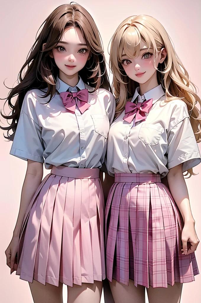 high resolution,smile,happy,light smile,woman,woman2人,adult,
((two girl females)), ((jaw piece)), Clear,cute,
Blonde, wavy hair, long hair ,BREAK,
Pink brown eyes,BREAK, high school girl,uniform,
White shirt,Pink checkered pleated skirt,BREAK,
Facing forward,BREAK,Pink background,