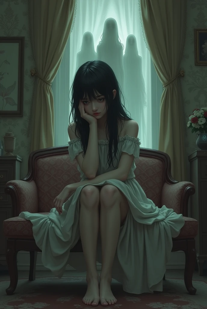Feeling lonely girl inside a drawing room with hand and ghosts