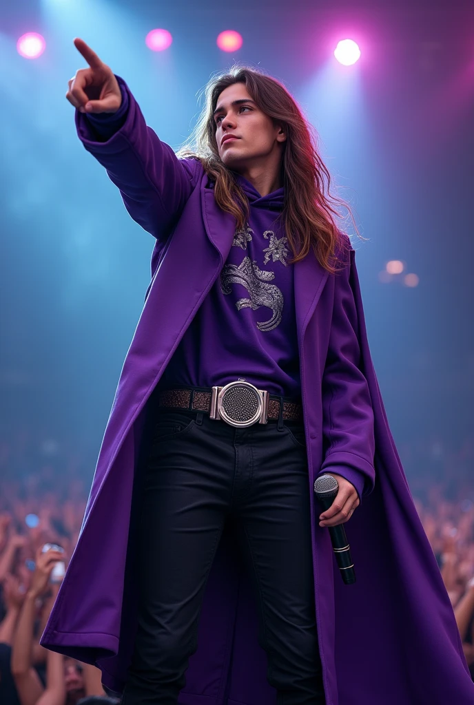artwork best quality handsome american male ager long brown hair light skin with purple cape and hooded coat on head with silver details purple long sleeve shirt and black pants underneath intricate details singing holding a microphone seen from afar pointing at the audience at a concert with details uhq 8k