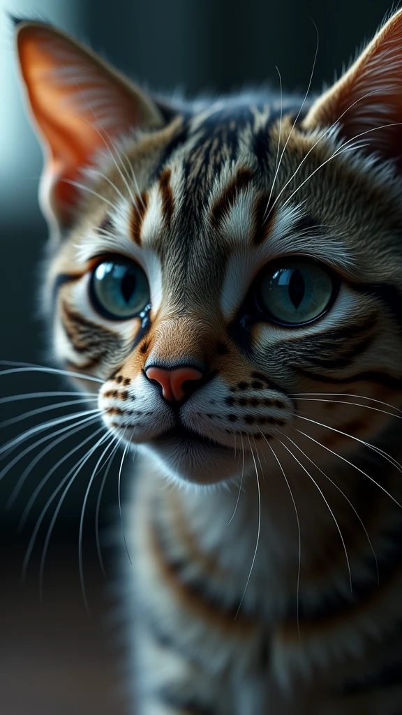 A close-up of a cat’s face, looking straight ahead, with tears streaming down its face. The cat’s large eyes are filled with tears, with multiple tears rolling down its cheeks. The teardrops glisten against the cat’s fur. Its ears are pinned back, and its mouth is slightly downturned, reflecting sadness. The background is blurred, bringing the tear-streaked face of the cat into sharp focus. The cat’s expression clearly conveys deep sorrow and despair.

4k.8k