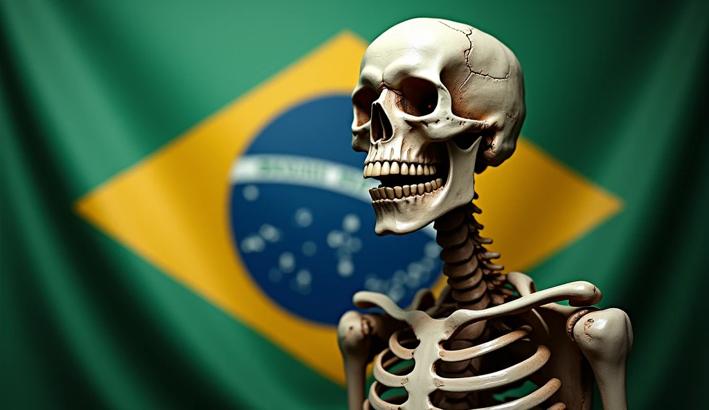 portrait skeleton with brazilian flag in the background