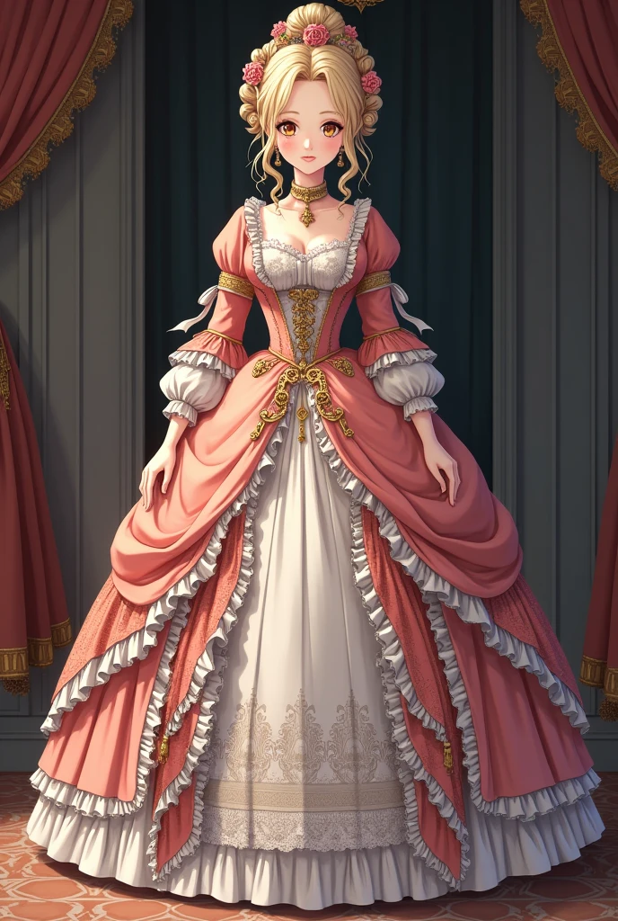 Full length portrait of a woman facing forward wearing a Rococo style dress from the 1700s, anime style image