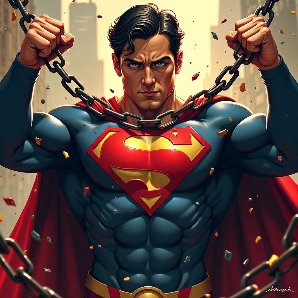 Superman tearing off chains with his hands