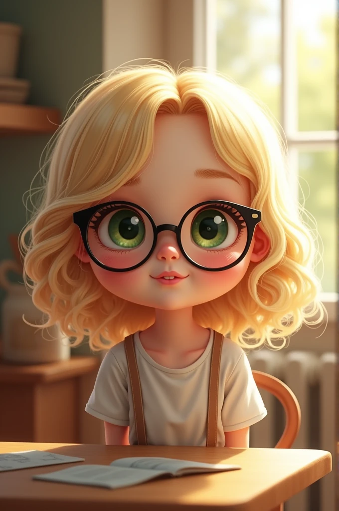 A short chubby girl with blonde hair and green eyes with white skin and wears glasses very pretty 