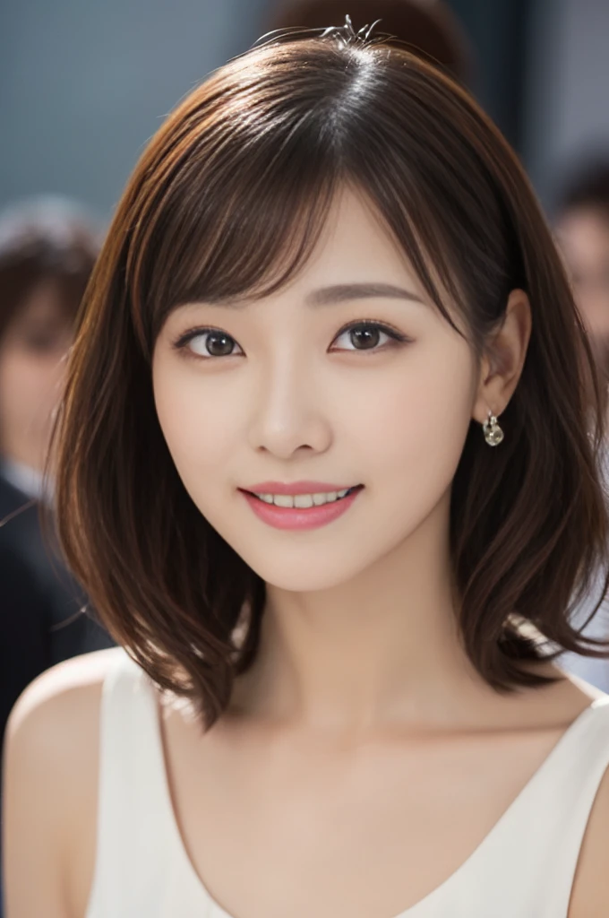 (highest quality、table top、8k、best image quality、Award-winning work)、1 Beautiful Mature Woman、(strongly blurred audience background:1.1)、(classy and beautiful perfect outfit:1.1)、plump and glossy lips、(avert your eyes:1.1)、professional lighting、illuminate the face、(loose curl short hair:1.1)、(wrinkled face:1.05)、(wrinkles around the eyes:1.05)、(nasolabial folds:1.05)、(small wrinkles:1.05)、(close up of face:1.1)、classy and perfect makeup、Ultra high definition beauty face、ultra high definition hair、Super high-definition sparkling eyes、(Shining ultra-high definition beautiful skin:1.1)、Super high resolution glossy lips、(accurate anatomy:1.1)、ultra high definition hair、Super high resolution perfect beautiful teeth