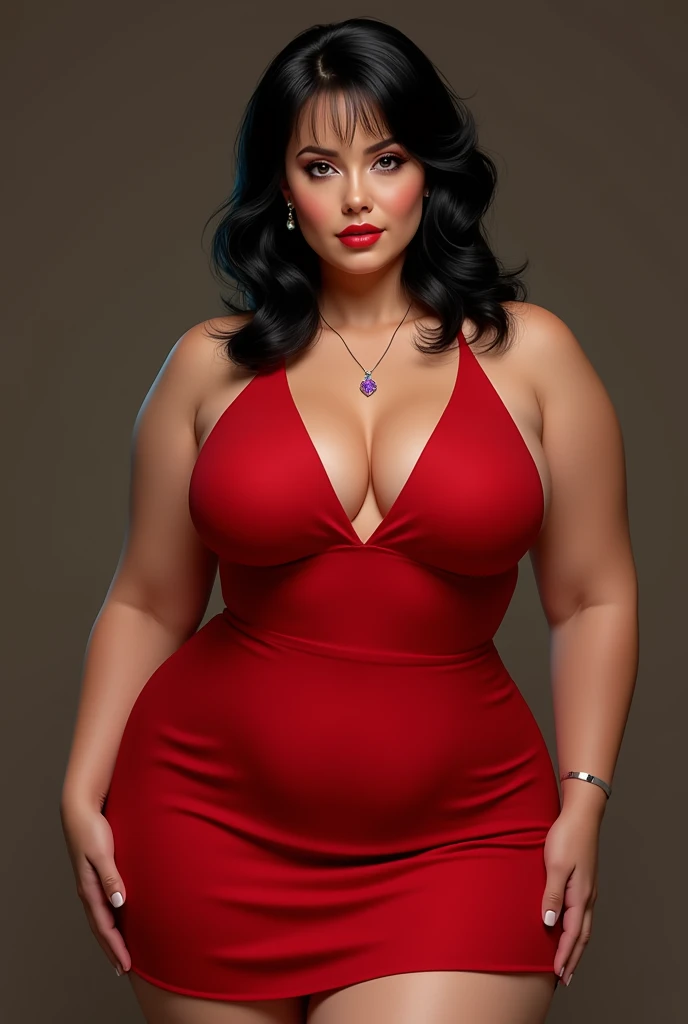 woman, shoulder-length black hair, red mini dress, chubby, looking at the camera, photorealistic