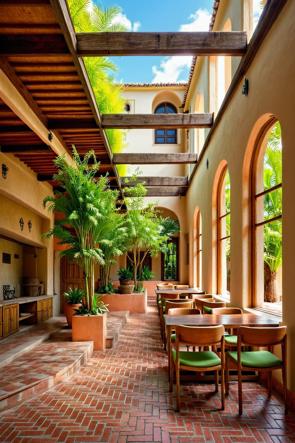 The image depicts a Mediterranean-style villa courtyard with arched doorways and windows framed by wooden beams. The pathway is adorned with patterned tiles, bordered by lush green plants and pink flowers. Tall palm trees in the background add to the tropical ambiance. Large clay pots with leafy plants are placed along the walkway, enhancing the serene and inviting atmosphere.