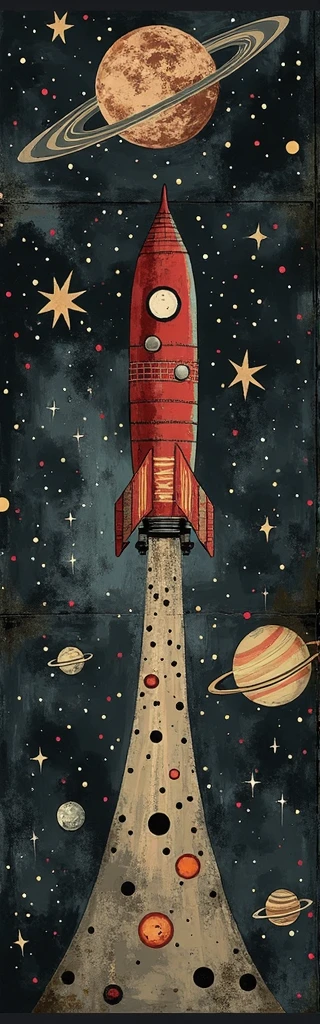 This painting depicts a rocket soaring through space, surrounded by planets, stars, and various celestial bodies. The artistic style is imaginative and vibrant, with a strong contrast between the dark colors of space and the bright hues of the rocket and planets. The rocket is painted in shades of red and orange, while the background of space is dominated by deep blues and blacks. These elements create a fantastical and adventurous atmosphere, reminiscent of illustrations in storybooks or contemporary fantasy art.