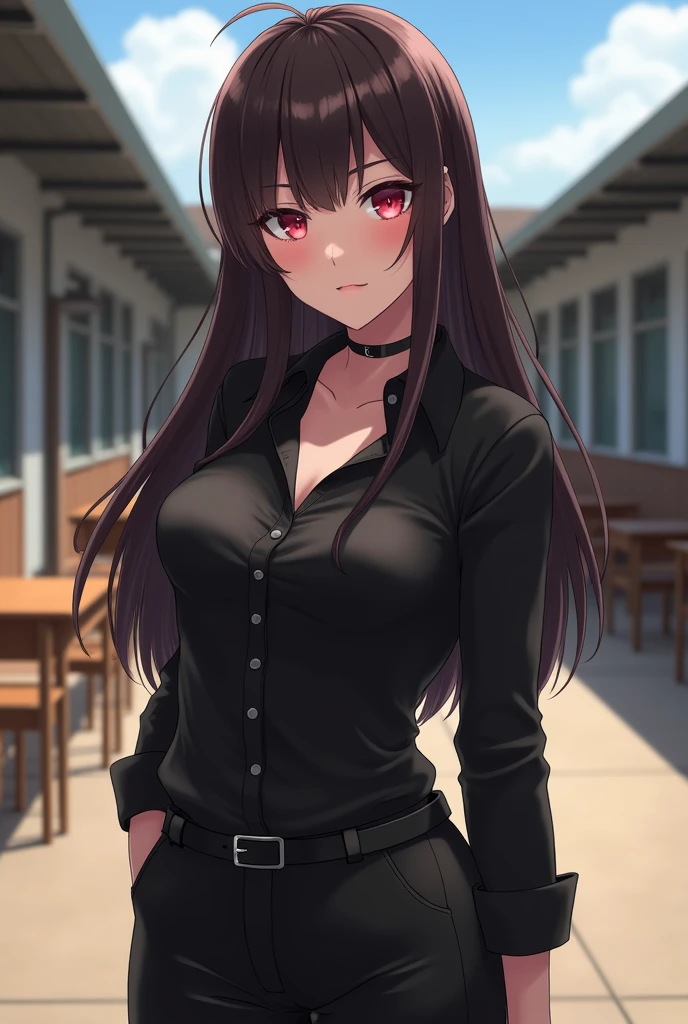 anime-girl, {{1 girl}}, Long hair, dark brown hair, Red eyes, black shirt with white buttons, Black pants, (Extremely detailed CG:1.4), Very detailed faces, School background, a dominant face, stay in the school yard, very sexy and curvy, in an empty classroom
