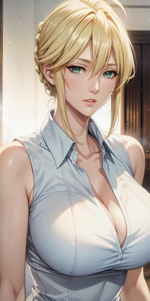 Anime cg, Elegant mature female, artoria pendragon, green eyes, blonde hair, soft light, 4k resolution, high quality, beautiful cg