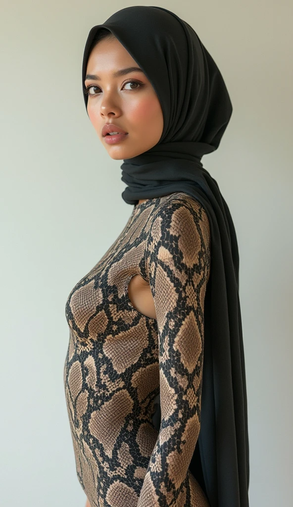 A thin and beautiful asian muslimah muslim woman with beautiful lips and beautiful cheeks wears  snake print lycra turtleneck zentai unitard catsuit.She always wear cotton  snake print hijab.She is my favourite best beautiful teacher.