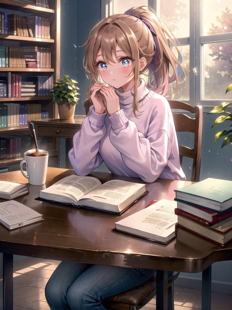 ((8k, Highest quality, masterpiece: 1.3)),Ultra-high resolution,(1 girl, alone), (Color changing eyes, Ultra-detailed, Expressive brilliance, Glitter, Glowing Eyes), Highly detailed eyes, Highly detailed face, Random Hair, ((pastel colour))A young girl with light brown hair pulled back in a ponytail sits at a table in a quiet library. She’s wearing a simple sweater and jeans, comfortable for a long study session. Her face is focused as she reads from a textbook, her hand occasionally jotting down notes in a notebook. The table is cluttered with books, papers, and a coffee cup, evidence of her dedication. The library is softly lit, with rows of bookshelves in the background and a large window letting in natural light. The atmosphere is peaceful, with only the faint sound of pages turning and the occasional rustle of paper.