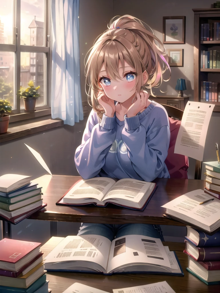((8k, Highest quality, masterpiece: 1.3)),Ultra-high resolution,(1 girl, alone), (Color changing eyes, Ultra-detailed, Expressive brilliance, Glitter, Glowing Eyes), Highly detailed eyes, Highly detailed face, Random Hair, ((pastel colour))A young girl with light brown hair pulled back in a ponytail sits at a table in a quiet library. She’s wearing a simple sweater and jeans, comfortable for a long study session. Her face is focused as she reads from a textbook, her hand occasionally jotting down notes in a notebook. The table is cluttered with books, papers, and a coffee cup, evidence of her dedication. The library is softly lit, with rows of bookshelves in the background and a large window letting in natural light. The atmosphere is peaceful, with only the faint sound of pages turning and the occasional rustle of paper.