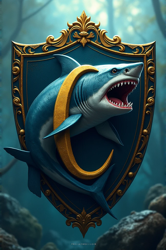 A shield with a shark and a letter C