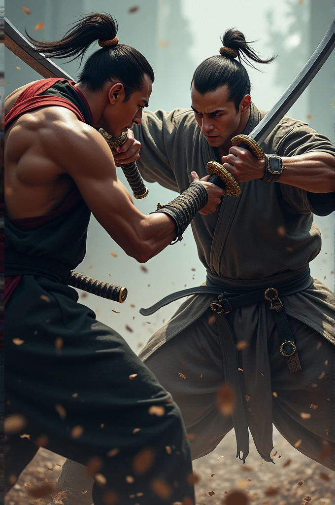 Tão guys fighiting , ONE IS attacking with a katana and the other is blocking with a knife