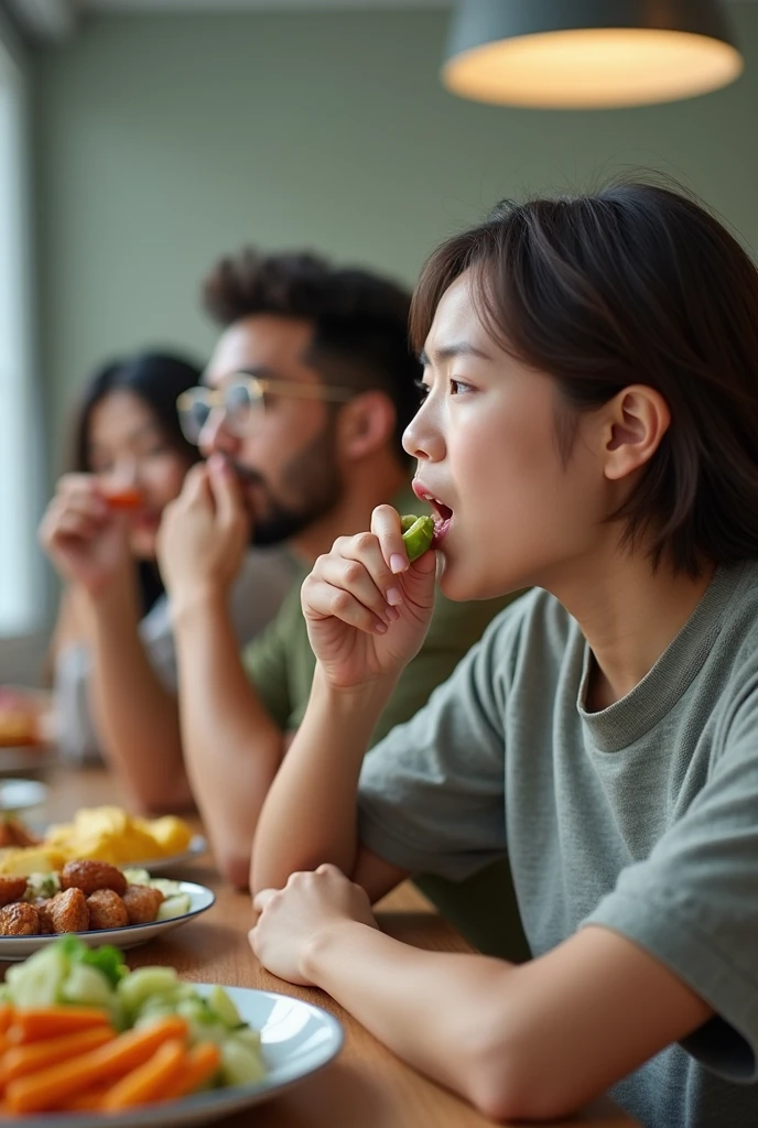 Can you please generate pictures of people who eat healthy and not-so-healthy snacks?