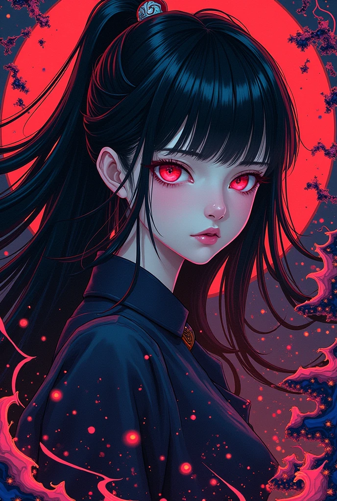 (abstract art:1.2), fractal art, psychedelic art, (style of Yuko Shimizu:1.1), red theme, dark theme, 1girl, roses, hair ornament, somber expression, dark blue accent, masterpiece, best quality, ultra high res, award-winning art, highly detailed, beautiful, aesthetic, ((Nezuko Komado)), black hair, red highlights, ((pink eyes)),