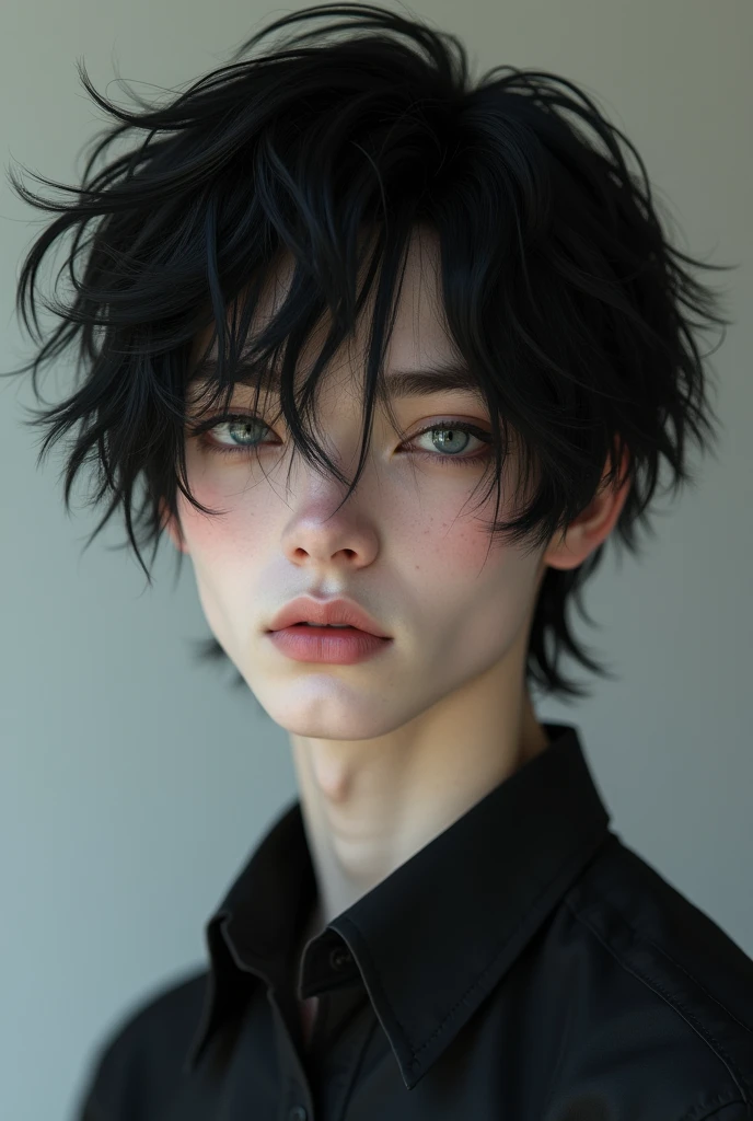 male, pale skin, black emo hair, dark blue eyes, button nose, attractive, slender eyes, adult man, no facial hair, realistic
