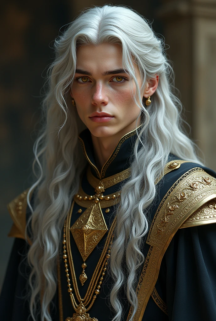 A boy in medieval noble clothes , long silver hair , Golden eyes like modern gold ones , jewelry , between 30 and 40 years of age